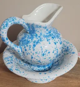 Handmade Ceramic Pitcher & Wash Bowl White/ Blue Speckled