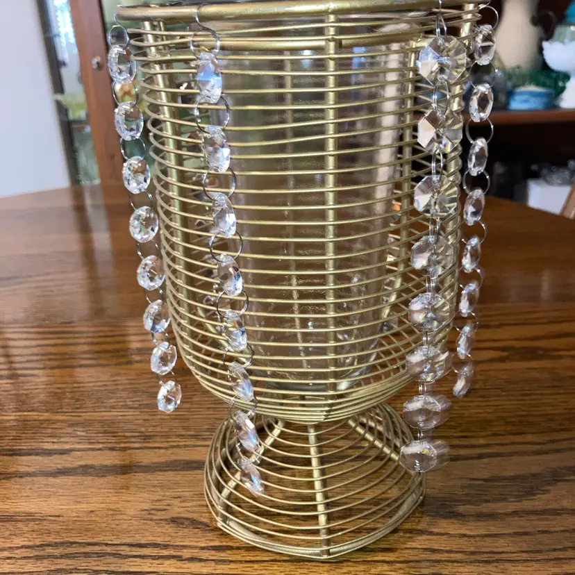 Gold Tone Metal With Removable Hanging Crystals! Glass Vase Insert! Upcycled By Me! 9” Tall 5” Wide! Great for hanging earrings on or anything else you can think of!
