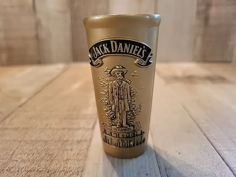 2002 Legends of Jack Daniel's Statue Antiqued Brass Colored Pewter Shot Glass