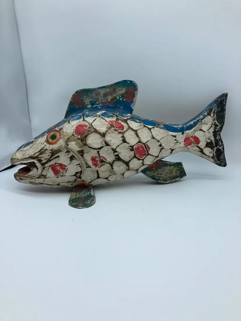 Wooden Hand Carved Primitive Style Fish with Metal Accents
