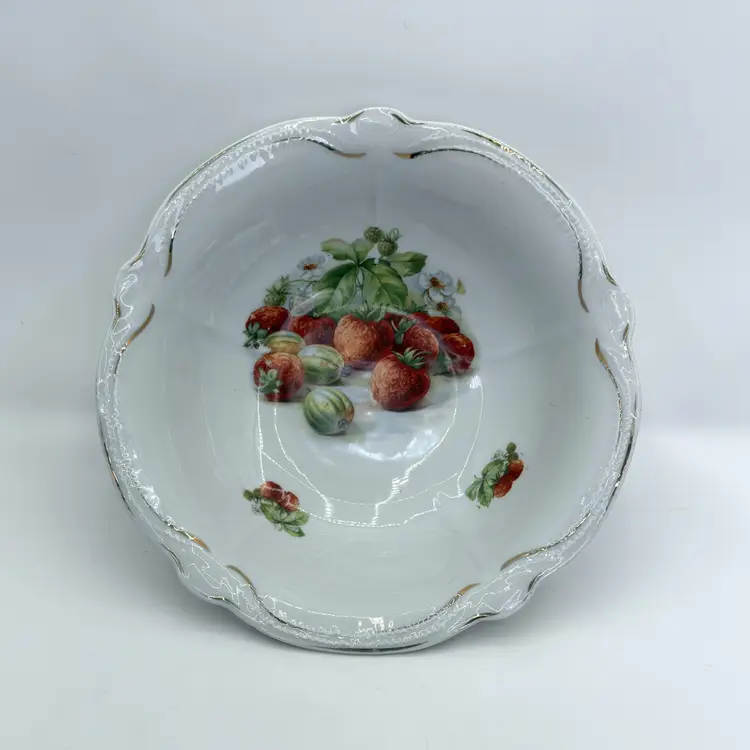 Bavarian Porcelain Fruit Bowl – Antique Germany, Gold Trim, Strawberry Motif, Scalloped Edge, Vintage Tableware (0190-25)