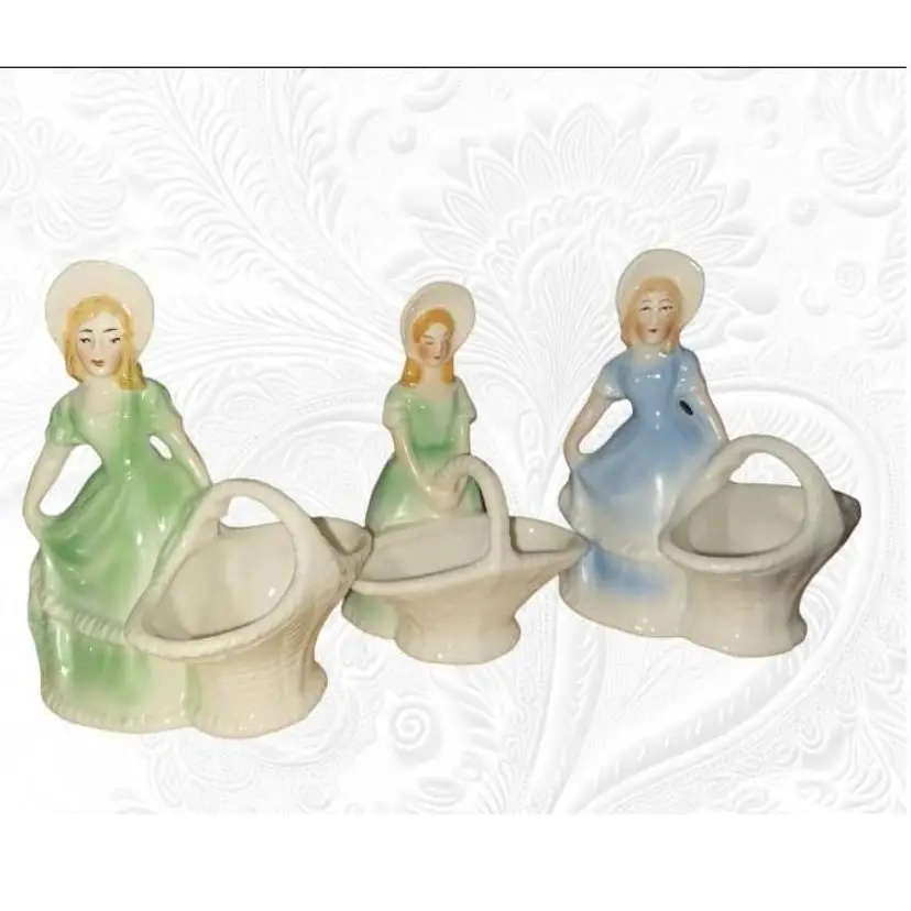 Vintage Victorian Czechoslovakian Basket Girl Figurines 3 pc 1800s Polish Pottery