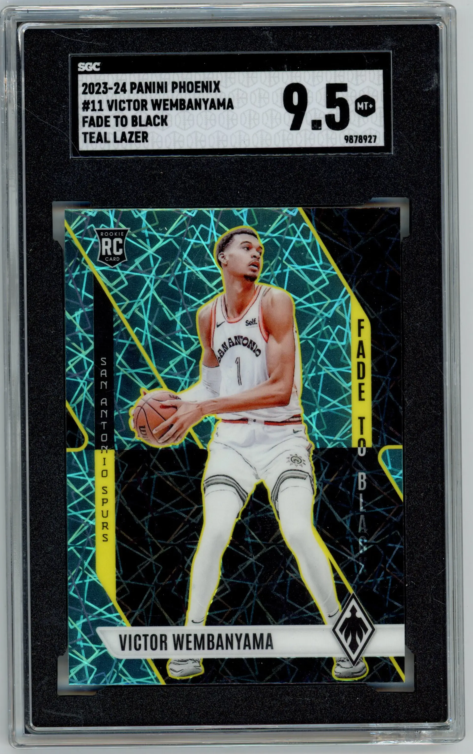 2023-24 Panini Phoenix VICTOR WEMBANYAMA RC Rookie Teal Lazer Fade to Black #11 SPURS SGC 9.5 MT+