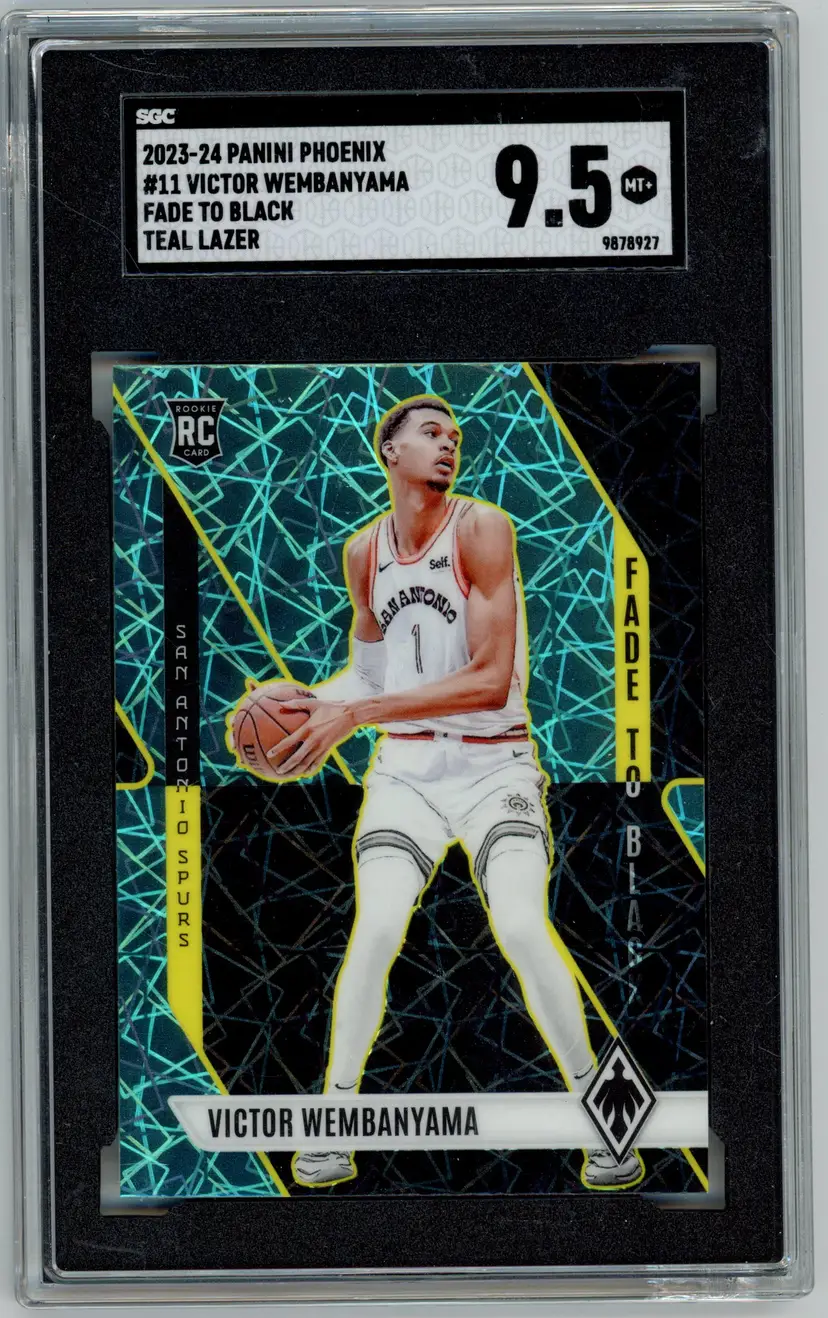 2023-24 Panini Phoenix VICTOR WEMBANYAMA RC Rookie Teal Lazer Fade to Black #11 SPURS SGC 9.5 MT+
