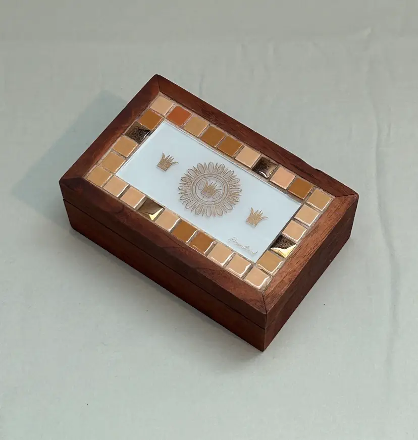 MCM GEORGES BRIARD WOOD TRINKET CIGAR BOX MOSIAC TILE GLASS AND TEAK WOOD