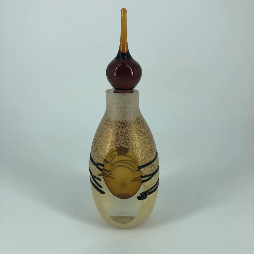 Hand-Blown Art Glass Beautiful Gold & Brown Perfume Bottle with Stopper