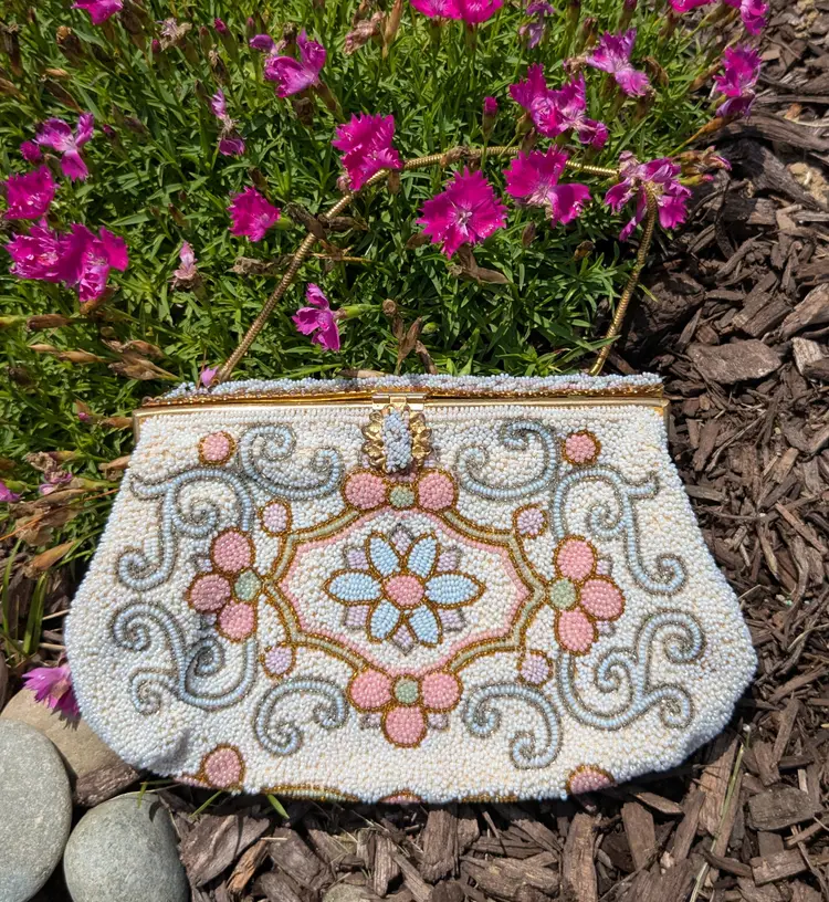 Vintage French Jorelle Bags Hand Beaded Purse in Gold and Pale Tone of Pink, Blue, Green, Lavender and Pearl