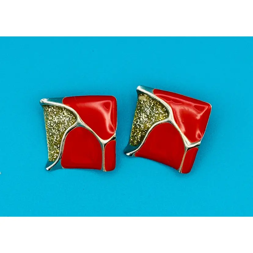 Red & Gold Glitter 1980s -Pierced Earrings