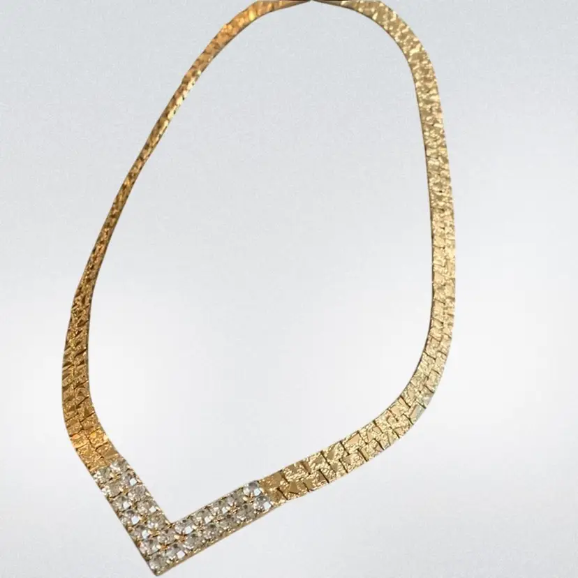 Vintage Gold Tone White Rhinestones V Shape