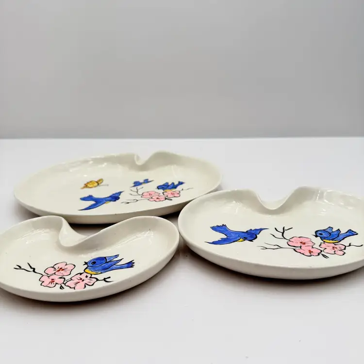Stacking Set Of Hand painted Ceramic Dishes Decorated With Flowers And Bluebirds