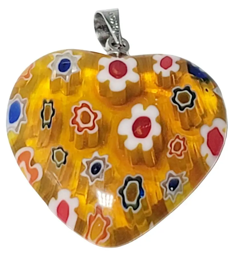Beautiful Amber Lucite Millefiori Heart Pendant - 1" Tall 18KPG SILVER-PLATED