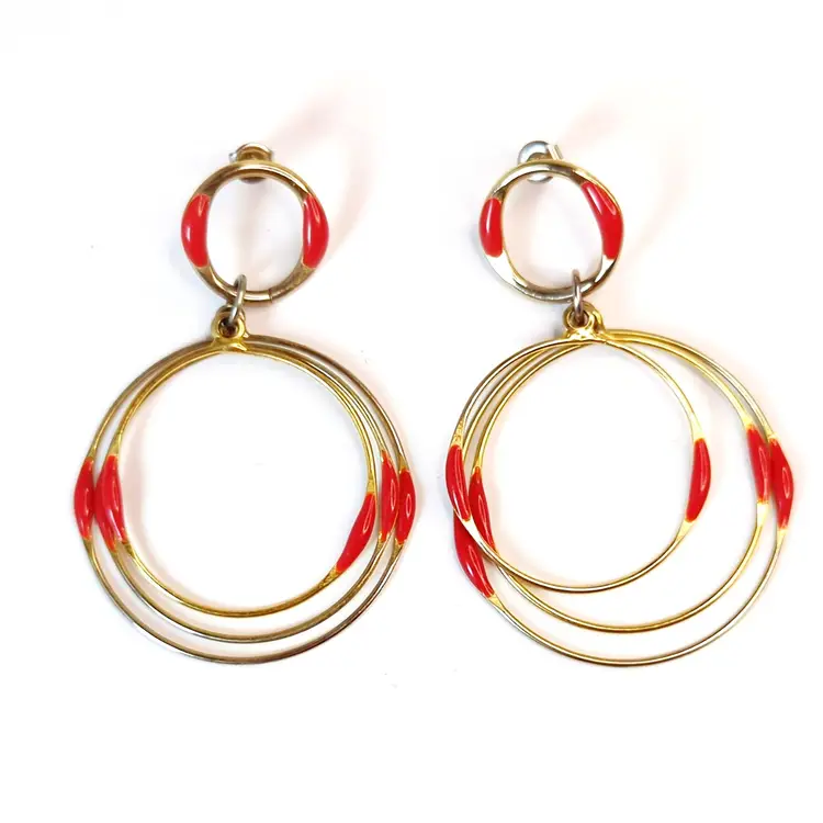 Vintage Gold-Tone Triple Hoop Earrings With Red Enamel Accents