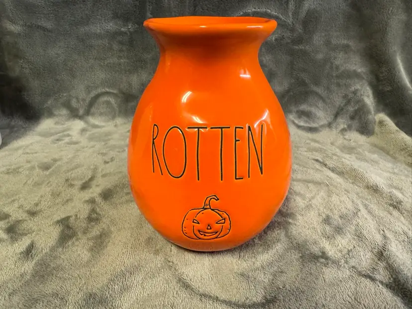 Rae Dunn Halloween Fall Autumn Jar Crock Decor Rotten Pumpkin Orange 5.5” EUC