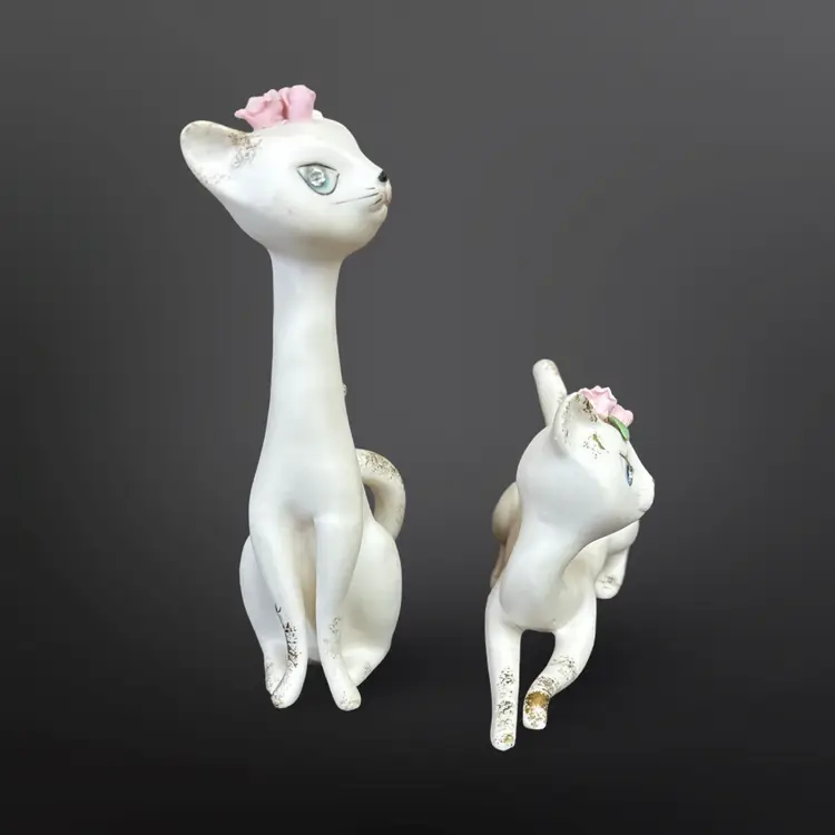 Vintage Pair Lefton White Long Neck Cat Figurines Rhinestone Eyes MCM Decor Kitsch