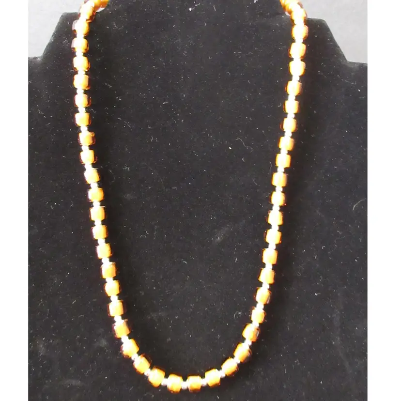 Vintage Orange & White Art Glass Bead Necklace with Gold Tone Lobster Clasp - 18 Inches