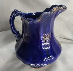 Antique Cobalt Blue Sprayed Gold Accents Pottery Jug Pitcher VGC