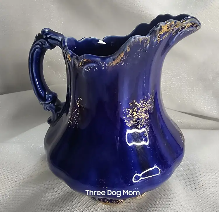 Antique Cobalt Blue Sprayed Gold Accents Pottery Jug Pitcher VGC