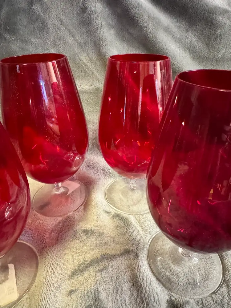 Set Of 4 Krosno Poland Crate & Barrel Ruby Red Stemmed Iced Tea Wine Glasses EUC