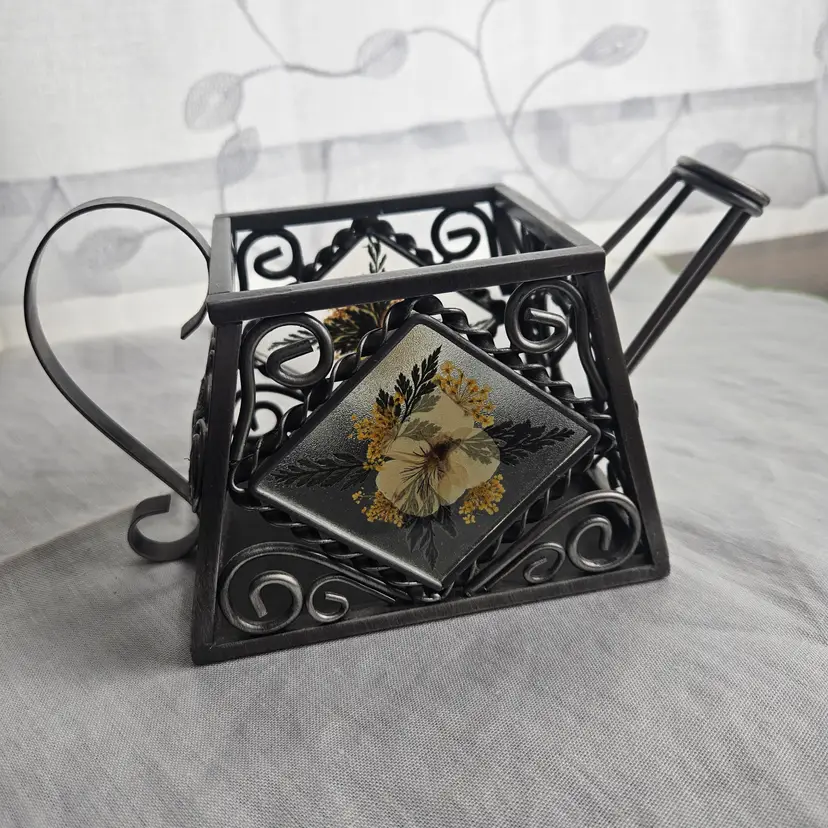 Vintage Pewter Teapot Candle holder Dried Pressed Flowers