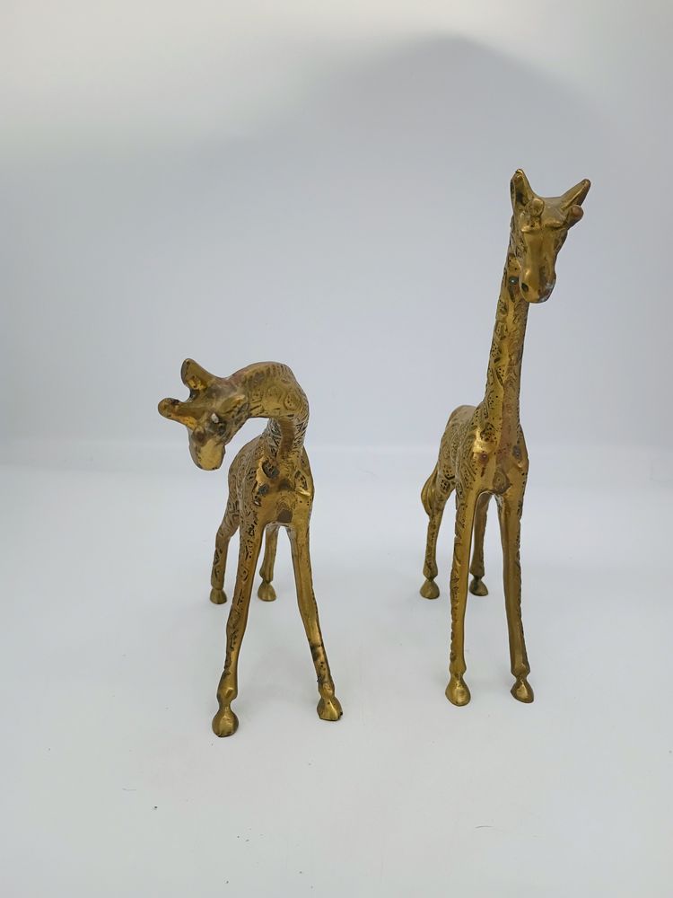 Pair of Vintage Brass Giraffe Figurines Textured Brass Freestanding MCM
