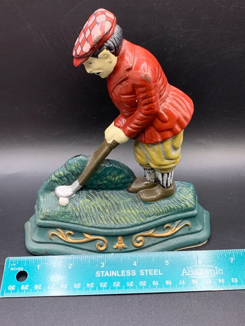 Vintage Cast Iron Golfer Door Stop Wright Studios Hand Painted 7.75" x 7"