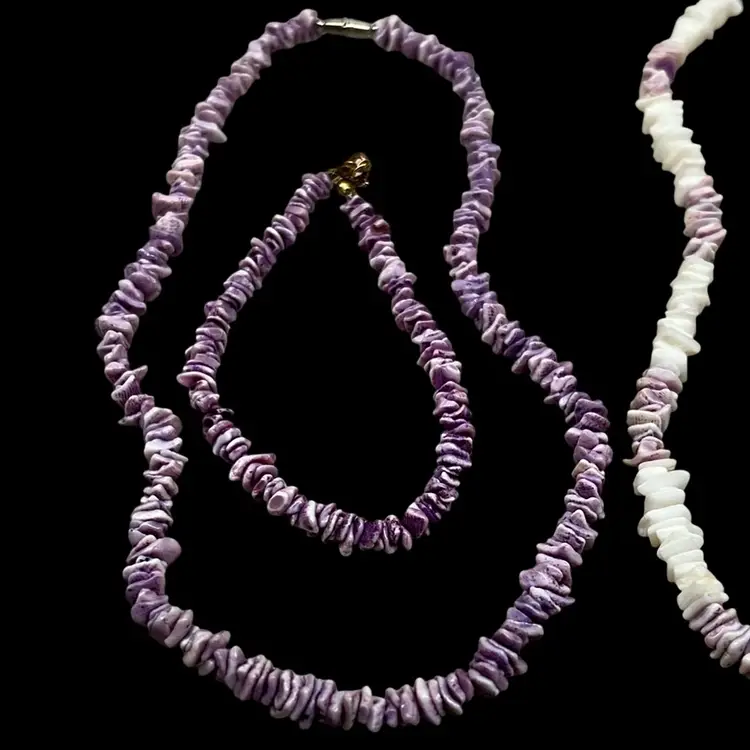 Vintage Cebu, Puka Shell Chip Necklace Lot & Bracelet Lot Of 4 Lavender White #B-14