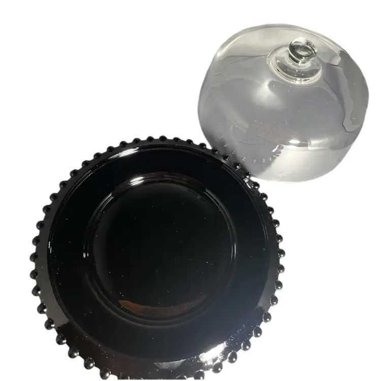 Black Glass Beaded Edge Cake Platter With Dome Lid 13”
