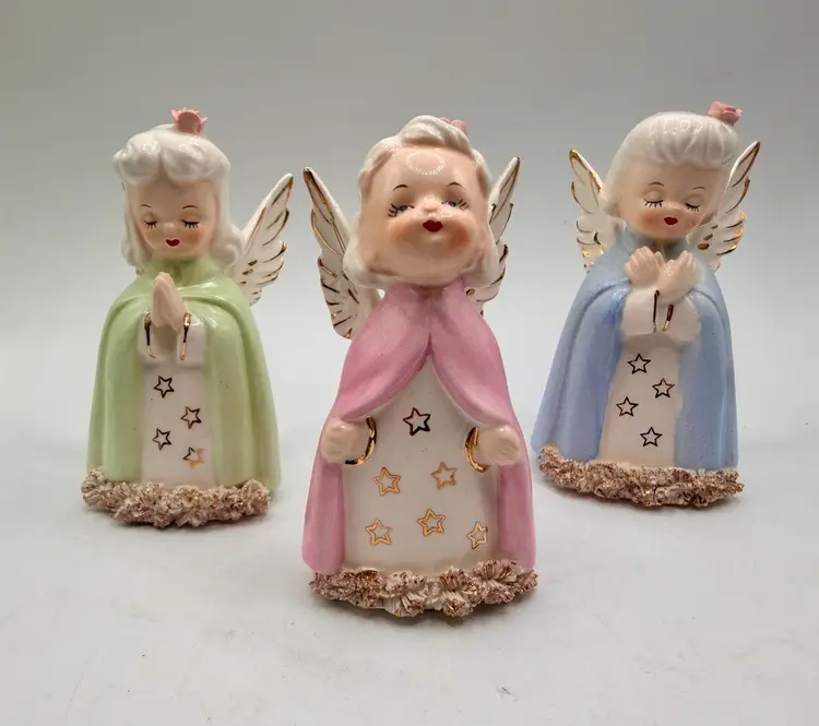 Rare Set of 3 Vtg Porcelain Angels with Spaghetti Trim, Fine A Quality Japan
