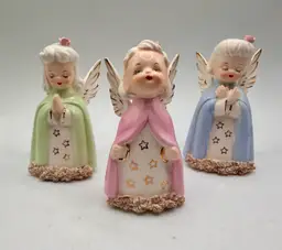 Rare Set of 3 Vtg Porcelain Angels with Spaghetti Trim, Fine A Quality Japan