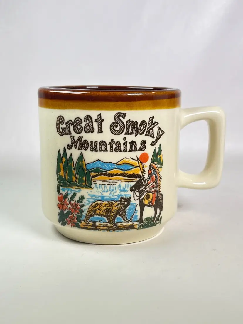 Vintage Great Smoky Mountains Glazed Pottery Coffee Mug Crackle Finish