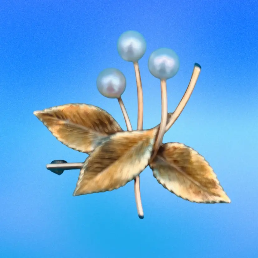 Vintage Gold-Tone Leaf & Pearl Spray Brooch – Mid-Century Floral Design