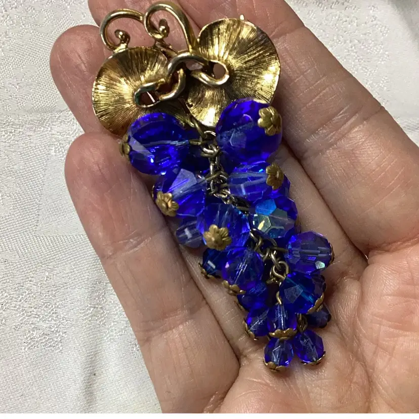 Gold Tone Brooch Cobalt Blue Faceted Glass Beads 3”