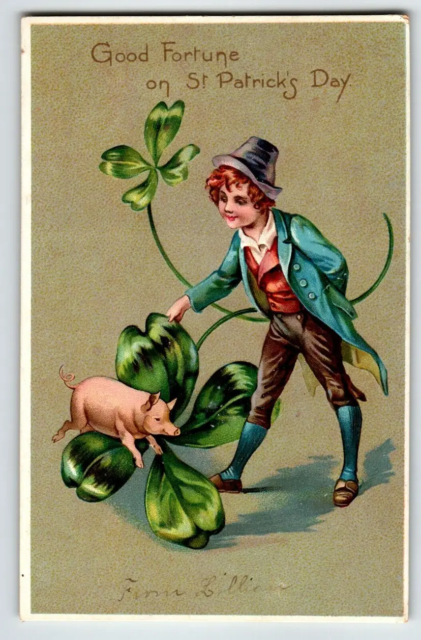 St Patrick's Day Postcard Pig Good Fortune Boy Clover Tuck Series 106 Unused