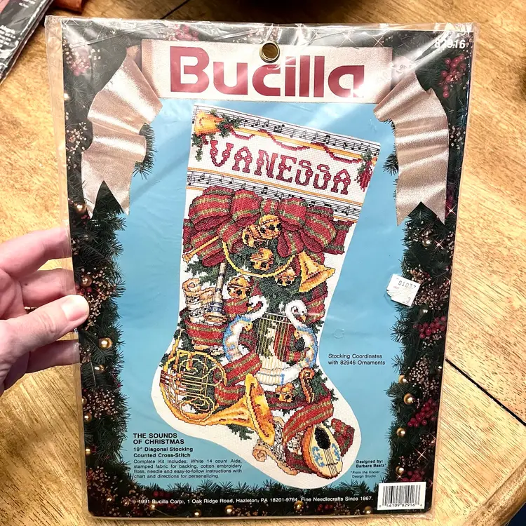 Vintage 1991 Bucilla Counted Cross Stitch Stocking 82916 Sounds of Christmas