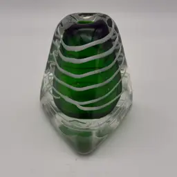 Art Glass Triangular Green & White Swirled Paperweight With Pen Holder