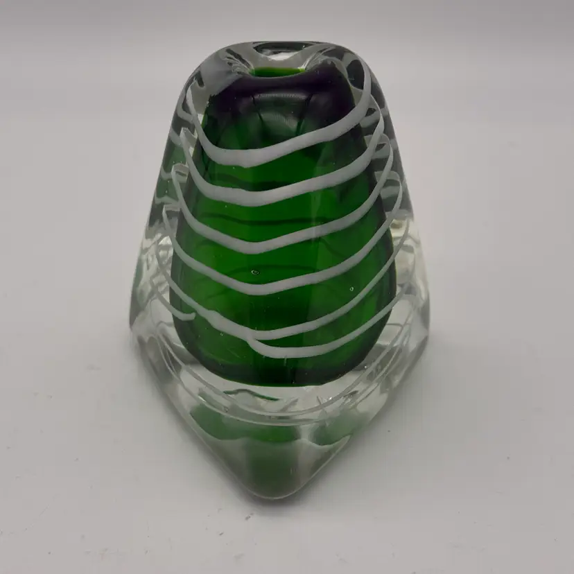 Art Glass Triangular Green & White Swirled Paperweight With Pen Holder