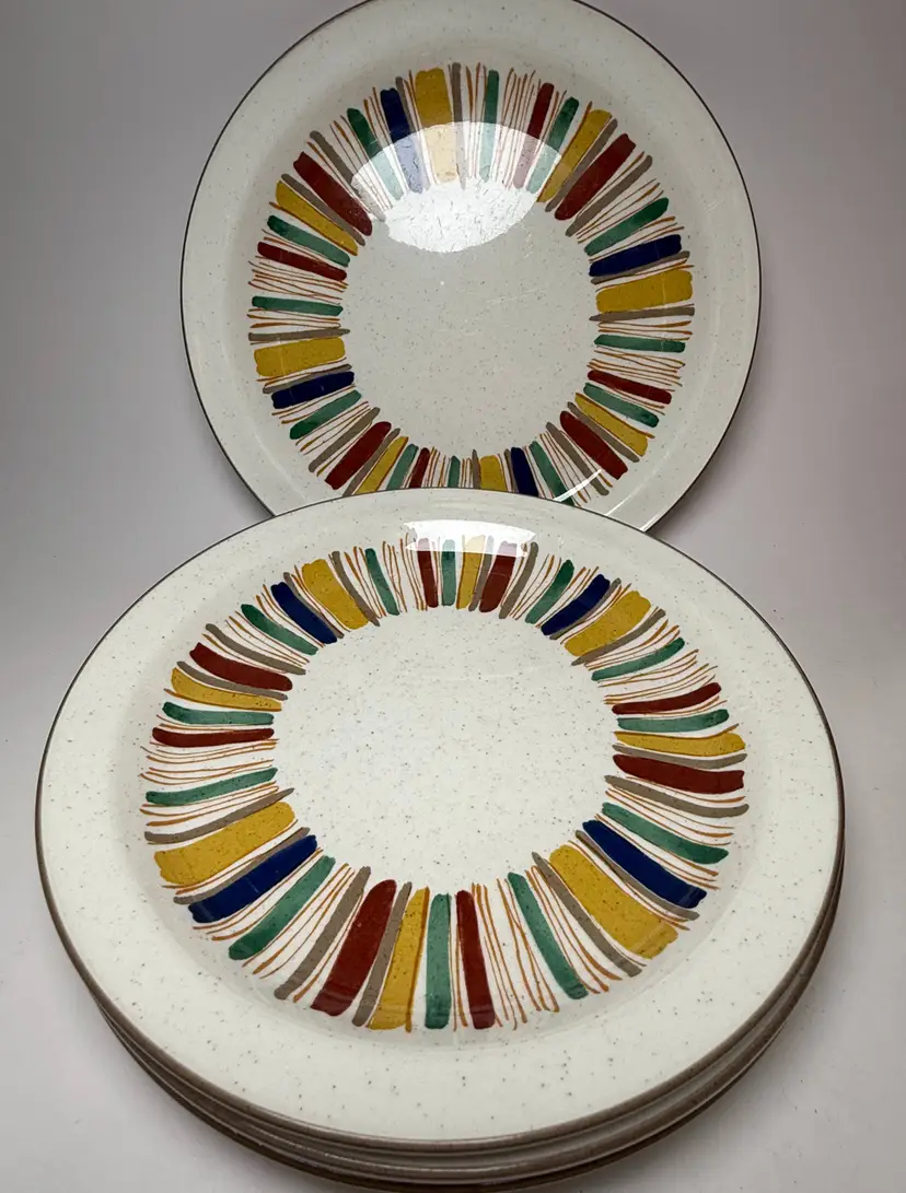 Noritake Surprise 10.25" Dinner Plates Versatone II Japan Rust Blue Stripes 1970