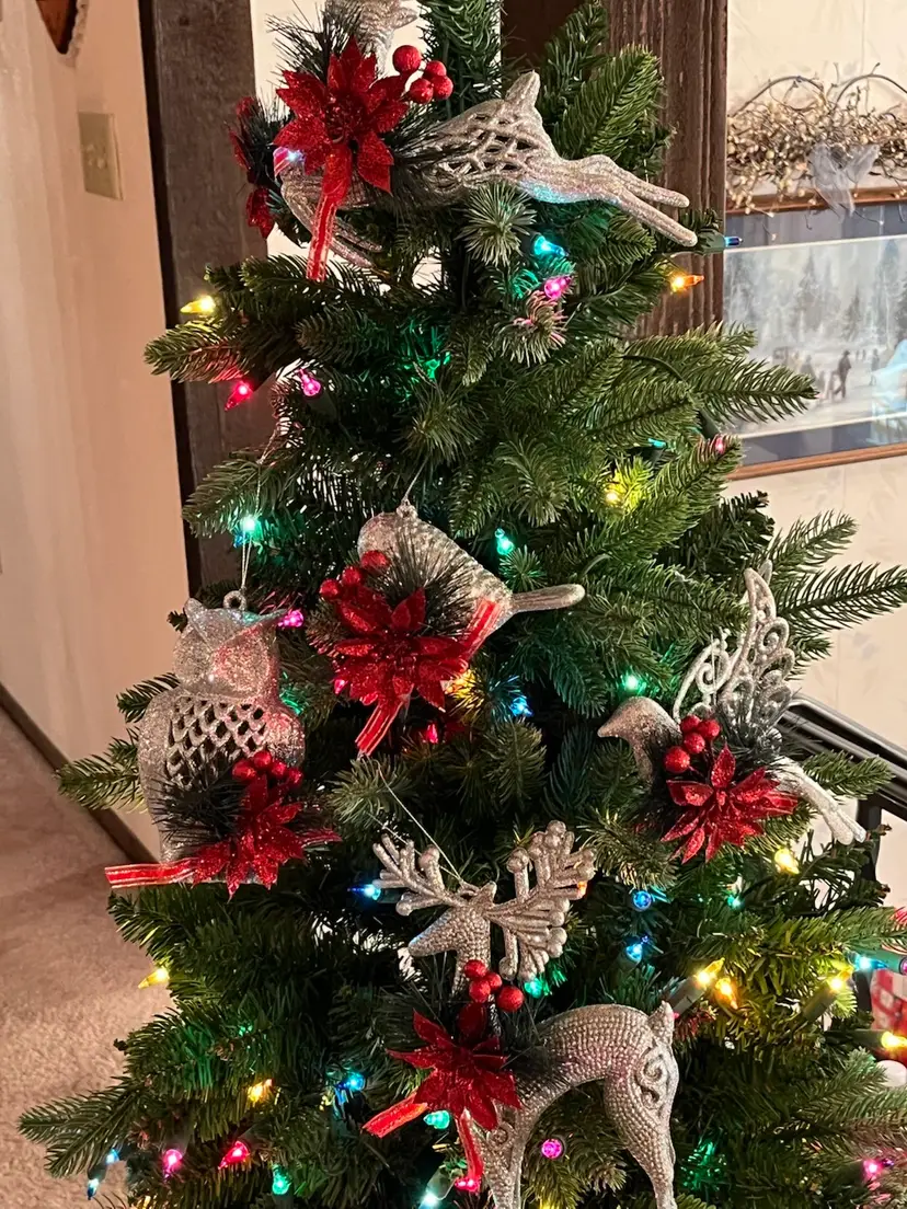 6 Large Silver Ornaments w/ Glitter & Poinsettia Embellishments