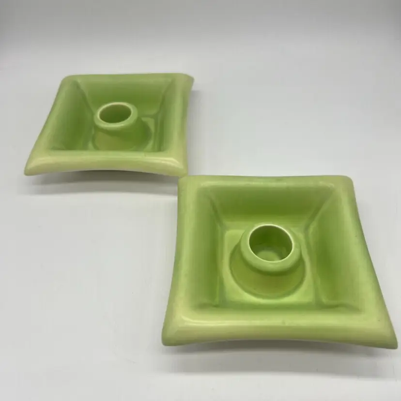 Pair Of Vintage MCM Red Wing Pottery Green Square Candle Holders