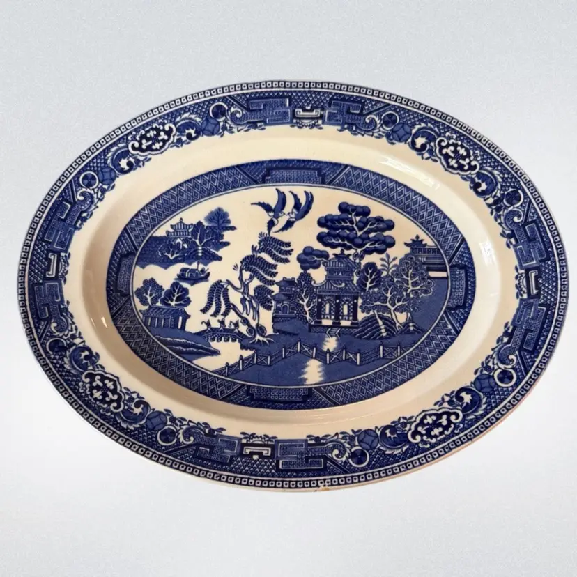 Antique Alfred Meakin Old Willow Blue 12 Inch Serving Platter Ex Cond For Age.