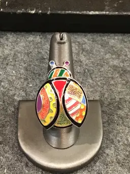 Colorful Cloisonné style Ladybug Silver tone Stretch Ring