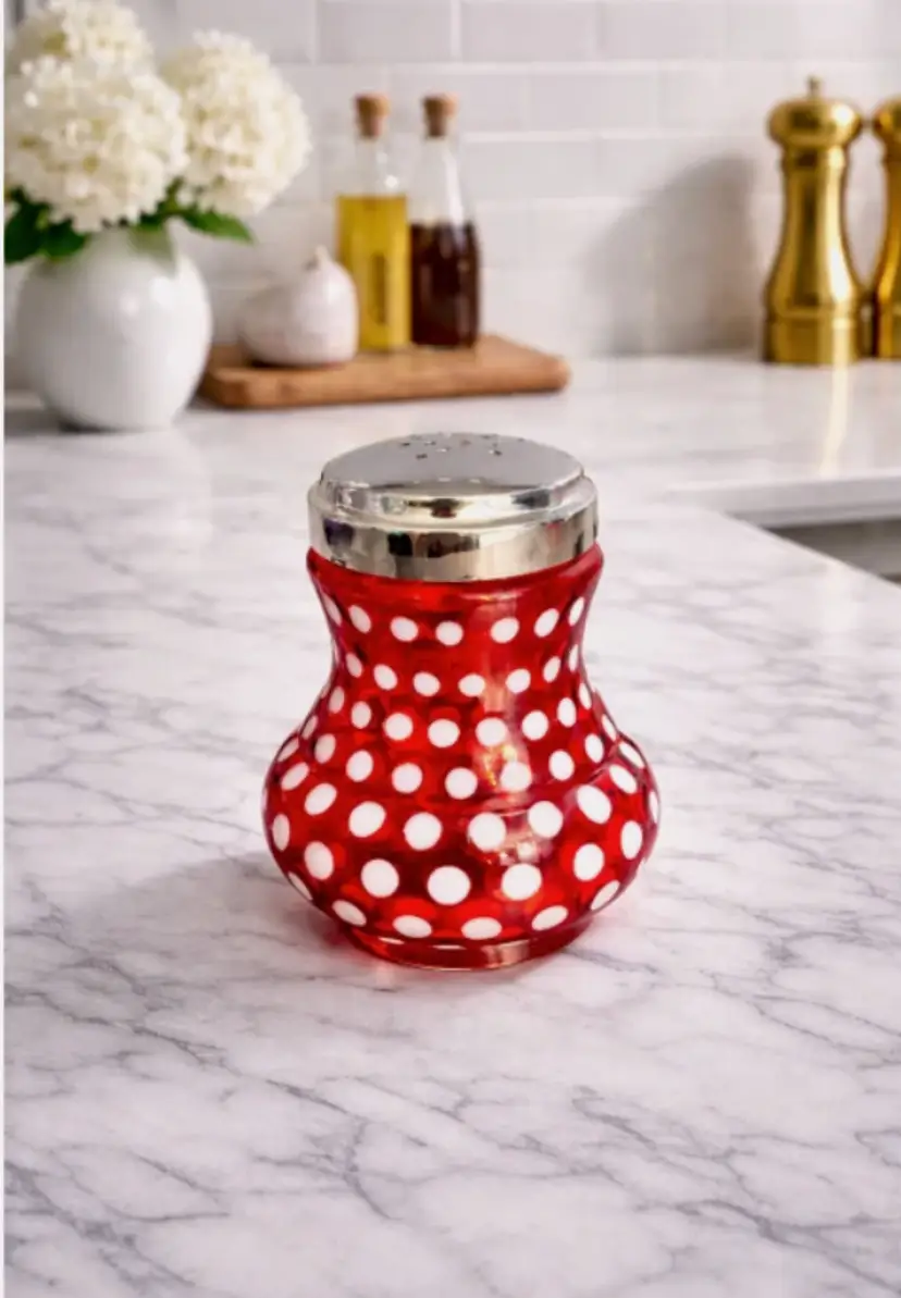 Fenton Glass sugar shaker in the Cranberry Opalescent Dot pattern Kitchen Decor