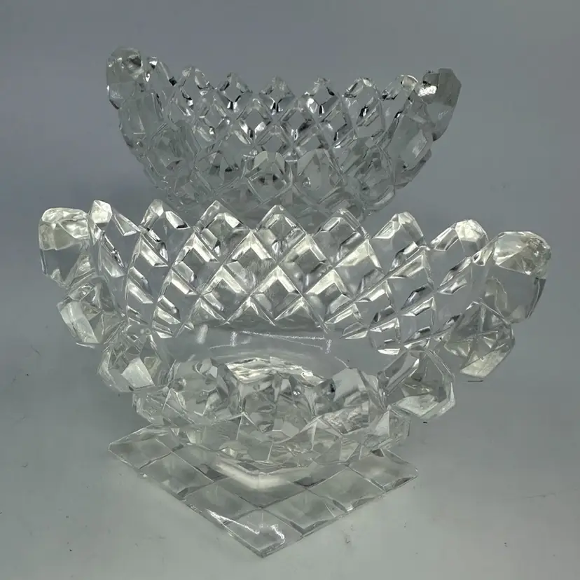 Open Salt Lead Crystal Diamond Cut English Boat Shape Set/2