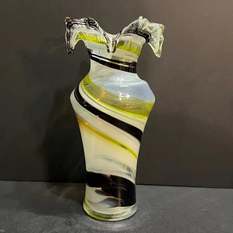 Smith’s Old Timer Hand Blown Ozark Art Glass Yellow White Orange Brown Swirl Vase, Fort Smith, AR *glows* ~8.5” x 4” diameter