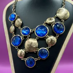 Vintage Gold Tone Blue Bib Necklace
