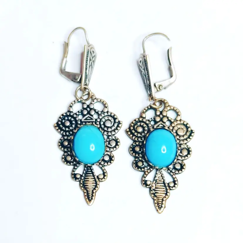 Vintage Spanish Filigree Dangle Earrings With Turquoise Stones Boho Style