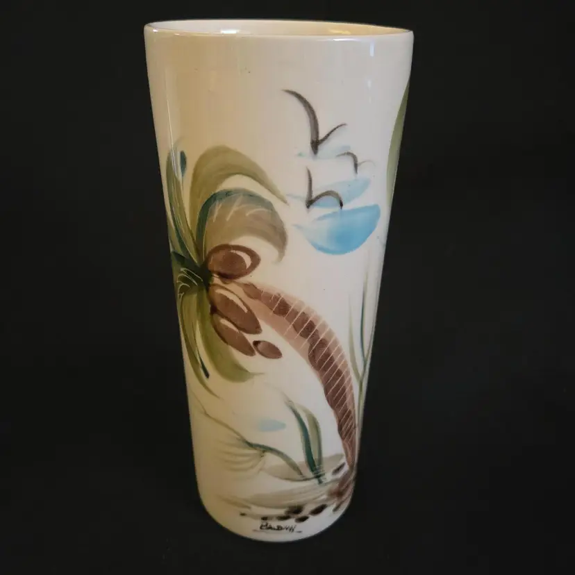Art Ceramic Tropical Coffee Cup Mug NO Lid Unbranded 7¼" Tall Signed by Baldwin