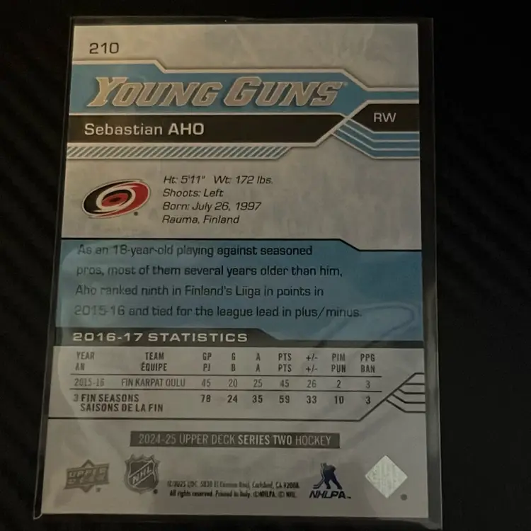 Sebastian Aho 24-25 Upper Deck Young Guns S2 210