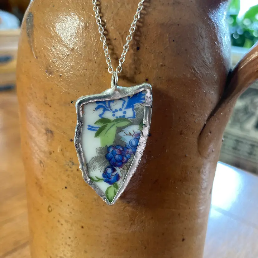 Broken Pottery Artisan Made Blackberry Pendant Fruit Plate Handcrafted Necklace 7/8 in x 1.5 in
