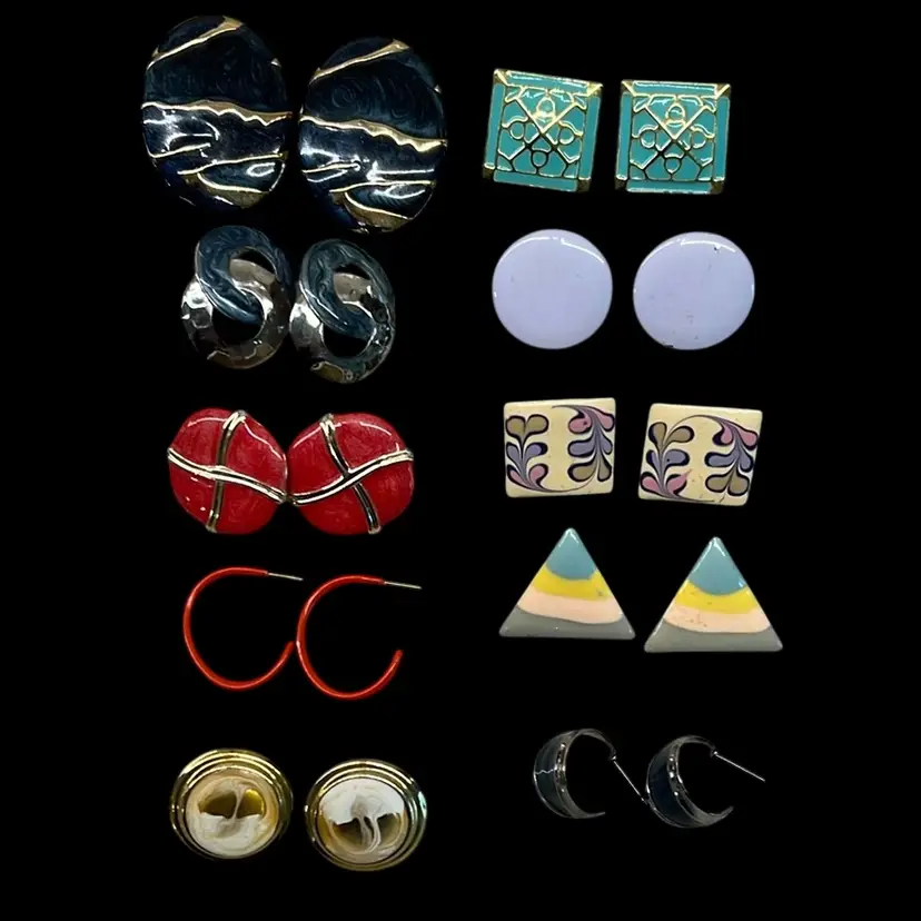 Vintage Retro Metal Enamel Pierced Earring Lot #1 (10 Pcs)